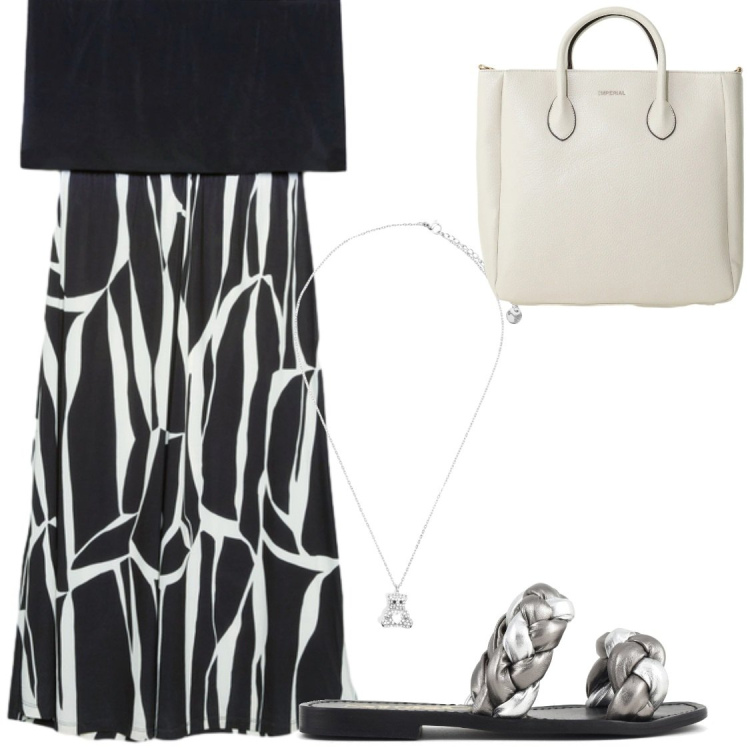 Outfit donna - Scollo a barca. Stile Glamour per Serata fuori. Abbinamento con borse a tracolla, ciondoli, vestiti lunghi, ciabatte.