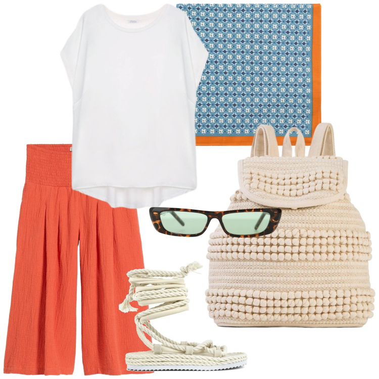 Outfit donna - Voglia di colore. Stile Casual per Tutti i giorni. Abbinamento con pantaloni, zaini, occhiali da sole, foulard, bluse, sandali.