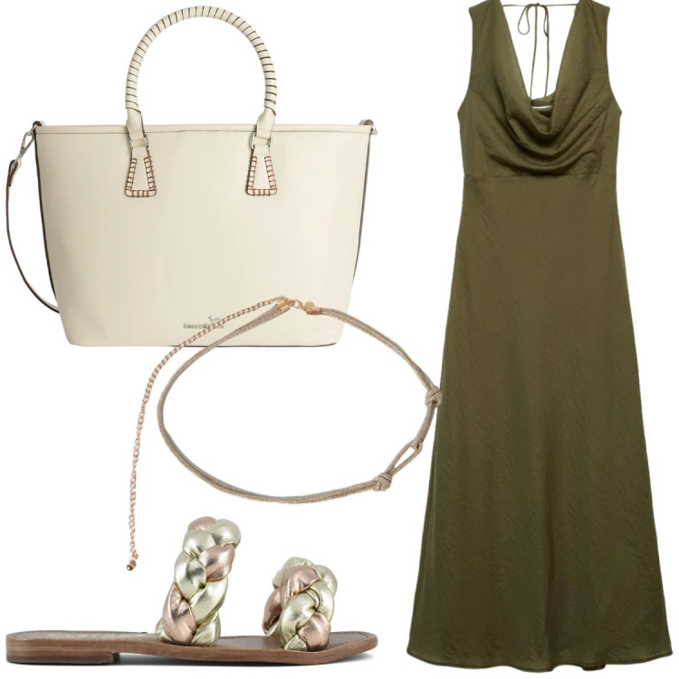 Outfit donna - Serate estive. Stile Chic per Serata fuori. Abbinamento con vestiti lunghi, shopping bag, cinture, ciabatte.