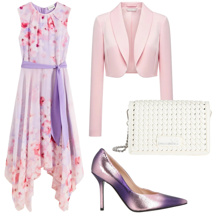 Outfit donna - Abito a fiori. Stile Romantica per Cerimonia. Abbinamento con décolleté, vestiti, blazer, borse a tracolla.