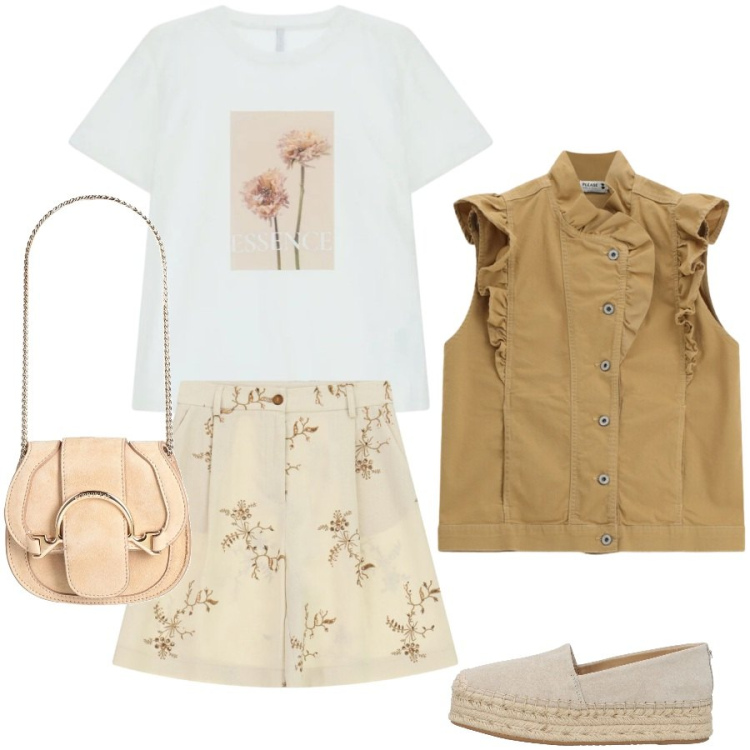 Outfit donna - Toni neutri luminosi. Stile Casual chic per Tutti i giorni. Abbinamento con marsupi, espadrillas, t-shirt, bermuda, gilet.