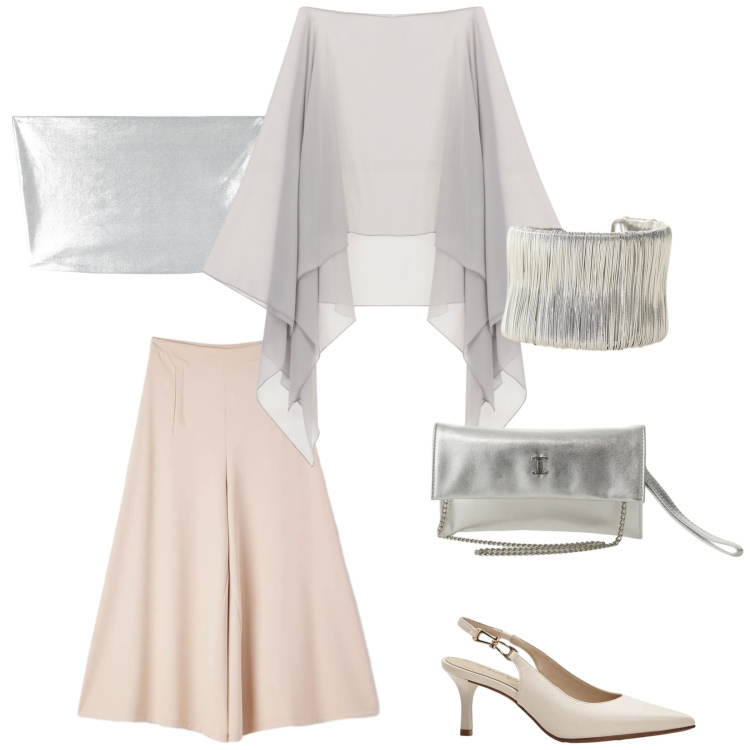 Outfit donna - Serata al chiaro di luna. Stile Romantica per Serata fuori. Abbinamento con décolleté, top, pantaloni, cappe, borse a tracolla, braccialetti.