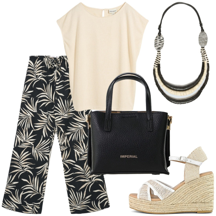 Outfit donna - Total look #2408403. Stile Etnico per Tutti i giorni. Abbinamento con maglieria, pantaloni, borse a tracolla, collane, zeppe.