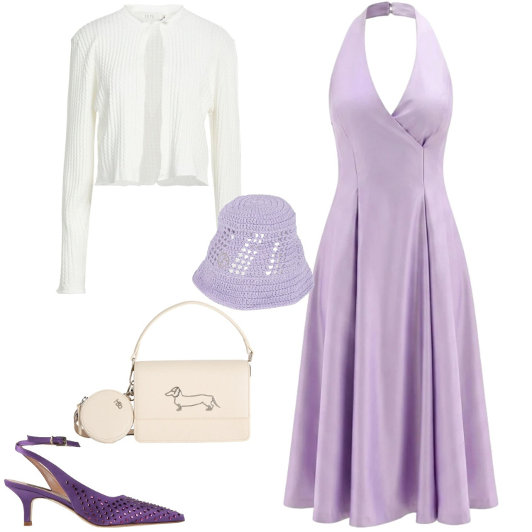 Outfit donna - Romantica al mare aperitivo. Stile Romantica per Serata fuori. Abbinamento con décolleté, cappelli, cardigans, vestiti midi/longuette, borse a tracolla.