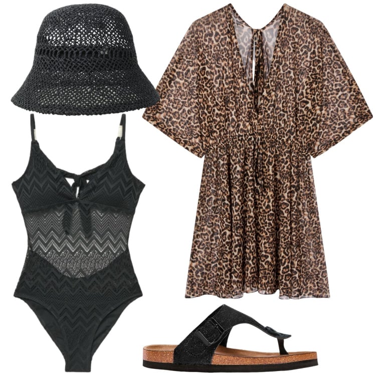 Outfit donna - Total look #2408406. Stile Trendy per Mare. Abbinamento con infradito, costumi interi, vestiti da spiaggia, cappelli.