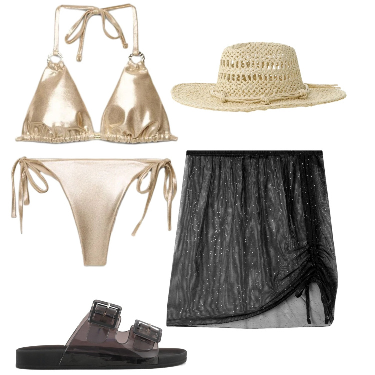 Outfit donna - Total look #2408407. Stile Sexy per Mare. Abbinamento con vestiti da spiaggia, bikini, bikini, cappelli, sandali.