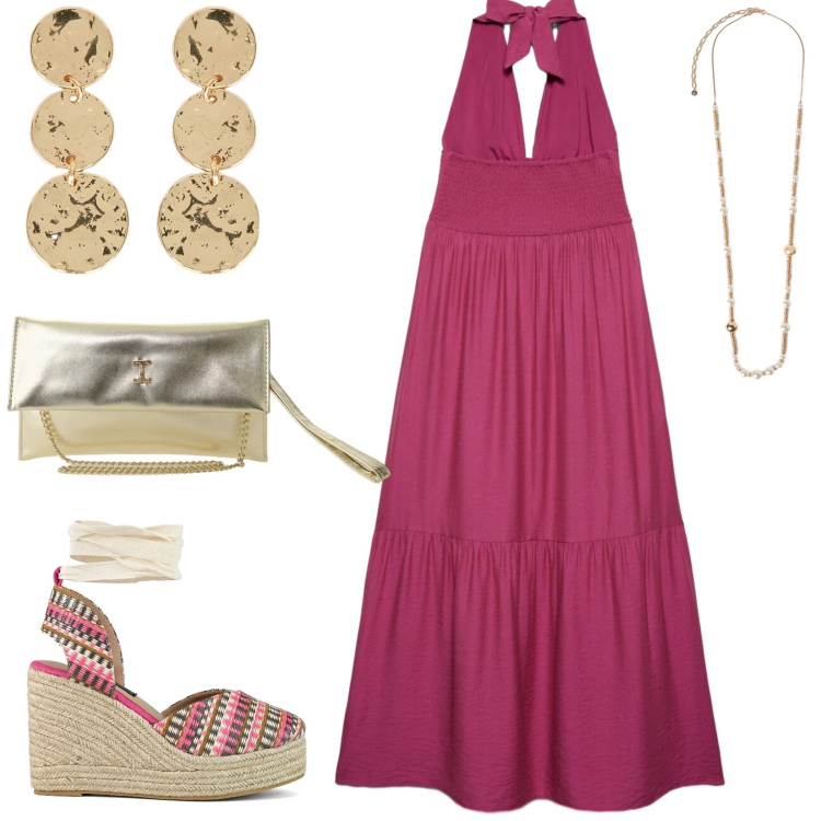Outfit donna - Total look #2408409. Stile Etnico per Serata fuori. Abbinamento con vestiti lunghi, borse a tracolla, collane, orecchini, zeppe.