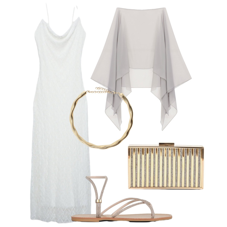 Outfit donna - Prima cena lungomare. Stile Chic per Serata fuori. Abbinamento con vestiti lunghi, sandali, clutch, cappe, collane.