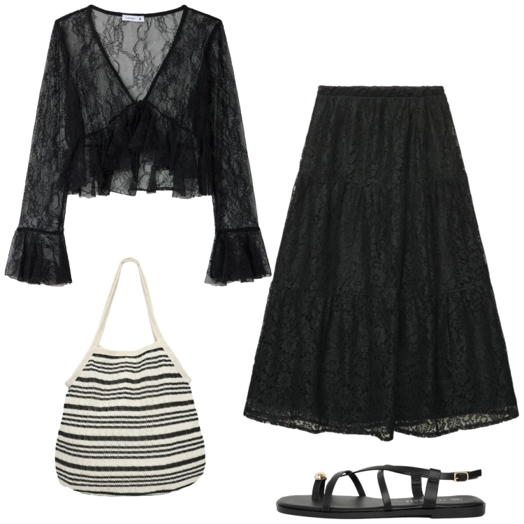Outfit donna - Black boho. Stile Boho per Serata fuori. Abbinamento con bluse, gonne lunghe, shopping bag, sandali.