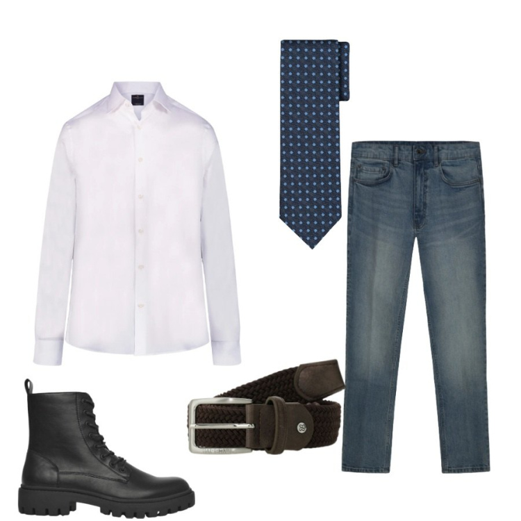 Outfit uomo - Total look #2408419. Stile Urban per Tutti i giorni. Abbinamento con anfibi, cinture, camicie, cravatte, jeans.