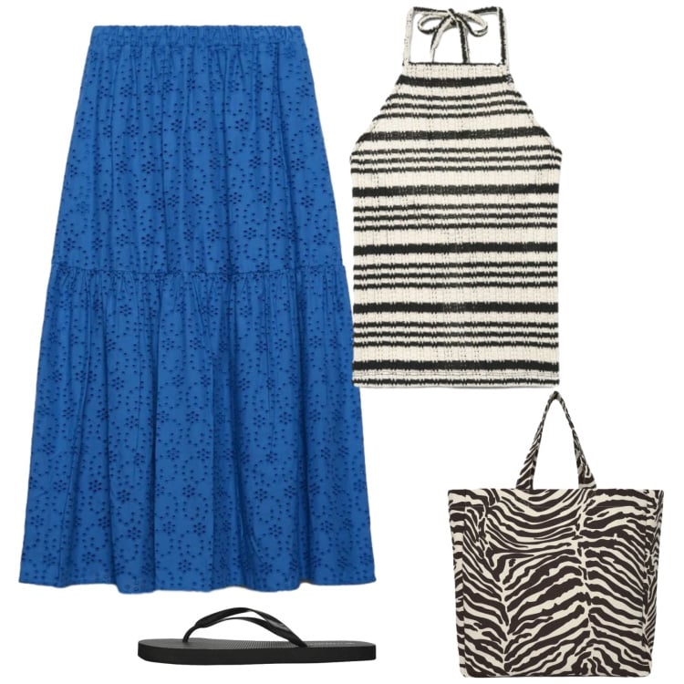 Outfit donna - Boho e stampe. Stile Boho per Tutti i giorni. Abbinamento con gonne lunghe, canottiere, shopping bag, infradito.