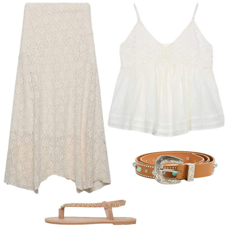Outfit donna - White boho. Stile Boho per Tutti i giorni. Abbinamento con gonne lunghe, cinture, canottiere, ciabatte.
