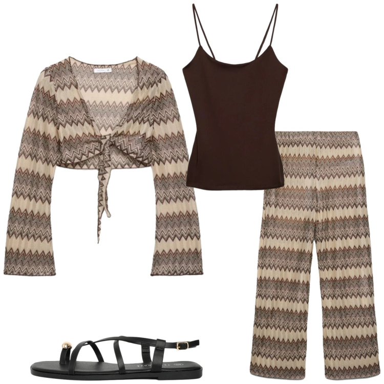 Outfit donna - Completo boho. Stile Boho per Tutti i giorni. Abbinamento con sandali, blazer, pantaloni, canottiere.