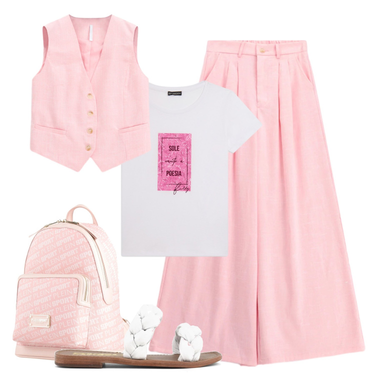 Outfit donna - Sole, vento e poesia. Stile Casual chic per Tutti i giorni. Abbinamento con zaini, pantaloni a palazzo, gilet, t-shirt, ciabatte.