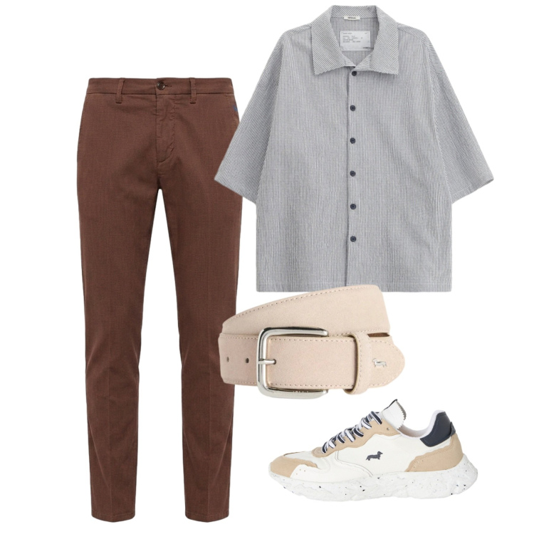 Outfit uomo - Maggio. Stile Casual per Tutti i giorni. Abbinamento con camicie a manica corta, cinture, sneakers, pantaloni chino.