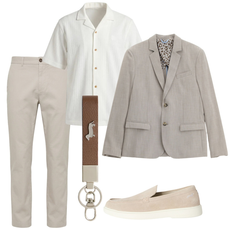 Outfit uomo - Maggio. Stile Casual per Tutti i giorni. Abbinamento con giacche, portachiavi, scarpe stringate, camicie a manica corta, pantaloni.