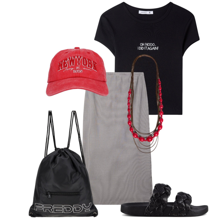 Outfit donna - Total look #2408430. Stile Casual chic per Tutti i giorni. Abbinamento con gonne longuette, t-shirt, cappelli, zaini, collane, ciabatte.