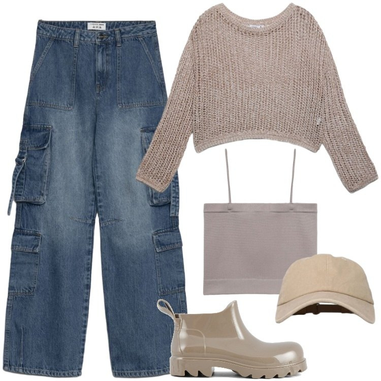 Outfit donna - Total look #2408435. Stile Urban per Tutti i giorni. Abbinamento con jeans, top, maglieria, cappelli con visiera, stivali.