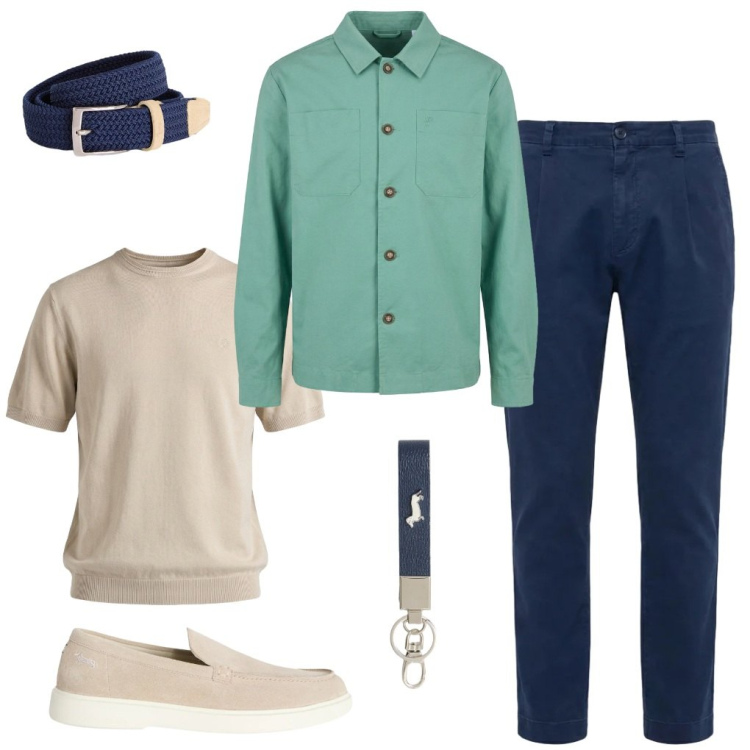 Outfit uomo - 126. Fresco-lino. Stile Casual per Ufficio. Abbinamento con cinture, scarpe stringate, portachiavi, t-shirt, pantaloni, camicie.