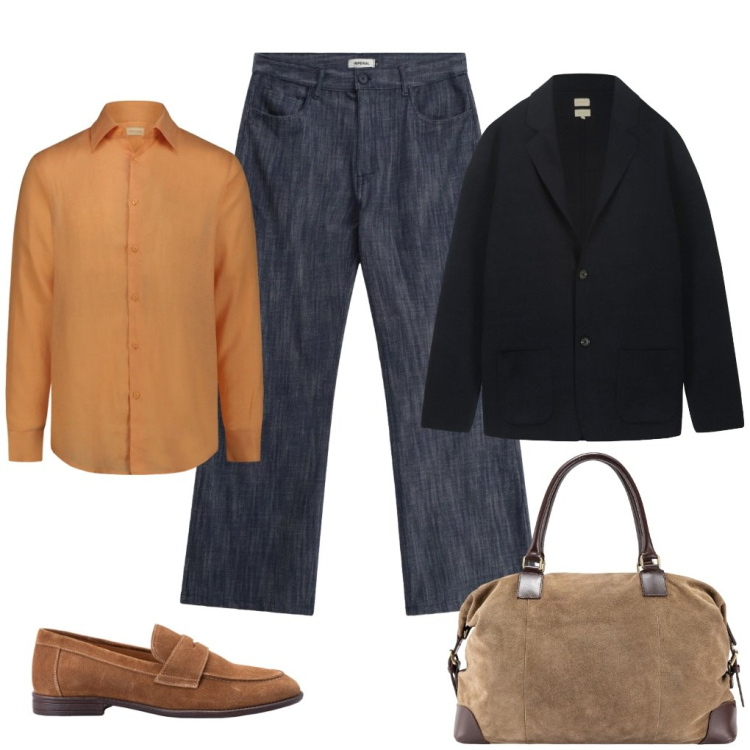 Outfit uomo - 125. La camicia in lino. Stile Casual per Ufficio. Abbinamento con jeans, borse sportive, cardigans, scarpe stringate, camicie.