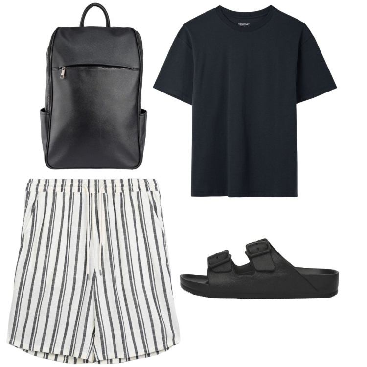 Outfit uomo - 128. Passeggiata a Riccione. Stile Urban per Tutti i giorni. Abbinamento con pantaloni corti, sandali, t-shirt, borse sportive.