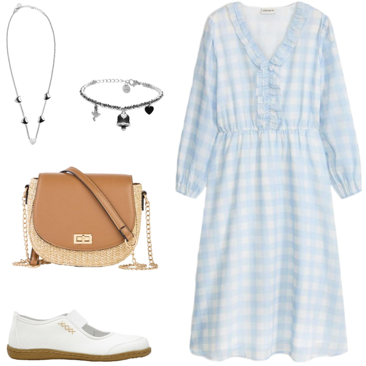 Outfit donna - Minimal dall\'aria vintage. Stile Minimal per Tutti i giorni. Abbinamento con ballerine, borse a tracolla, vestiti midi/longuette, collane, braccialetti.