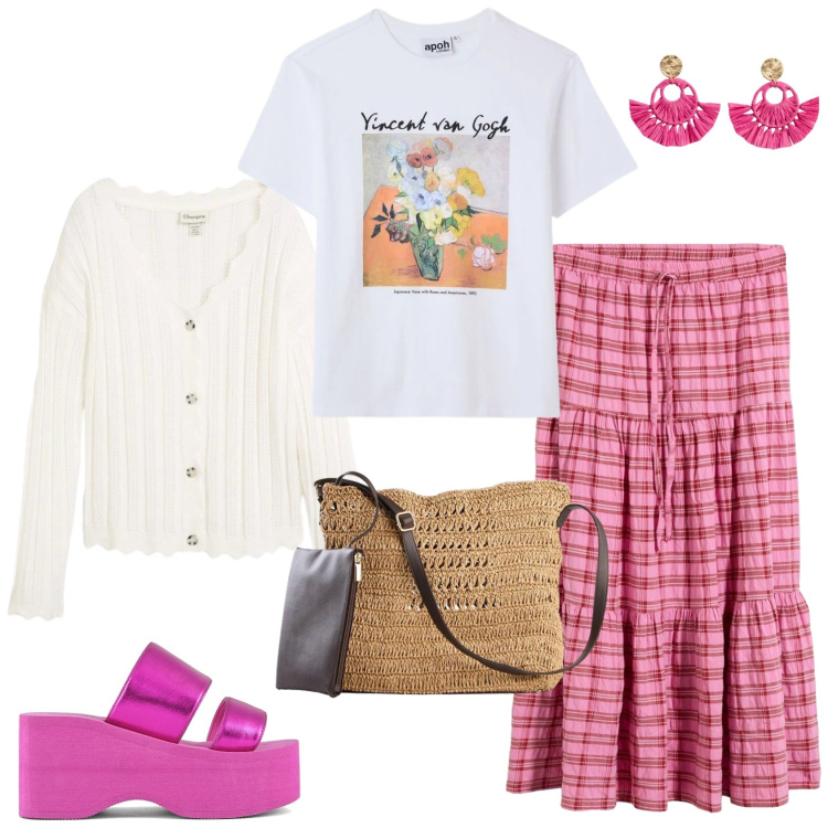 Outfit donna - Uno spirito bohemienne. Stile Boho per Tutti i giorni. Abbinamento con gonne longuette, cardigans, orecchini, borse a tracolla, t-shirt, zeppe.