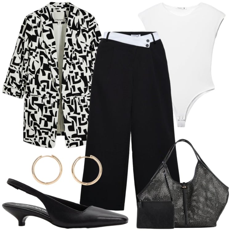 Outfit donna - Quiet dress. Stile Casual chic per Tutti i giorni. Abbinamento con blazer, shopping bag, orecchini, décolleté, pantaloni, top.