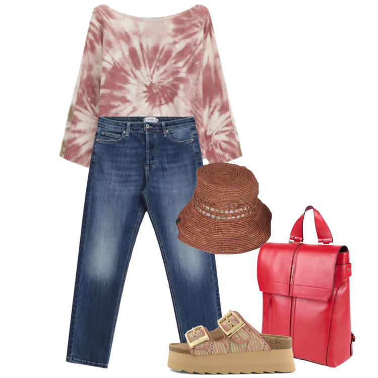 Outfit donna - Stampe che raccontano - Focus Donna Curv. Stile Casual per Tutti i giorni. Abbinamento con cappelli con visiera, zaini, jeans, top, ciabatte.