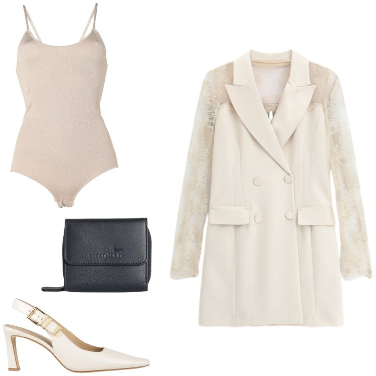 Outfit donna - L\'abito doppiopetto con maniche in pizzo. Stile Glamour per Serata fuori. Abbinamento con décolleté, body, vestiti corti, portafogli.