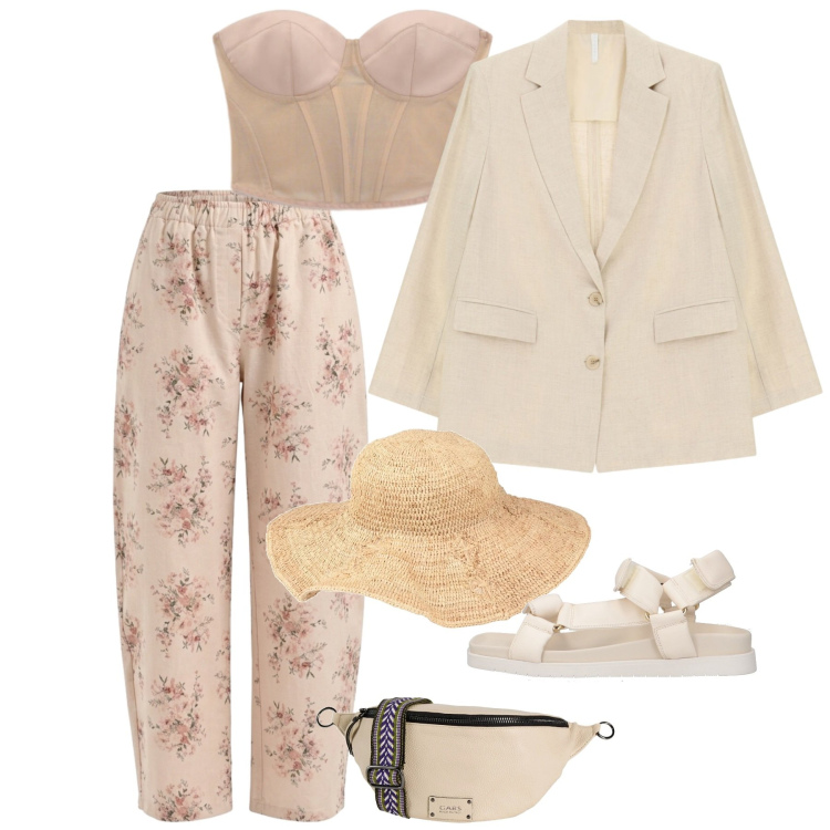 Outfit donna - Stampe che raccontano - Focus Donna Curv. Stile Chic per Tutti i giorni. Abbinamento con marsupi, cappelli, sandali, pantaloni, top, blazer.