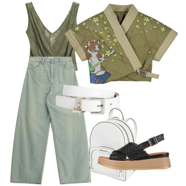Outfit donna - Stampe che raccontano - Focus Donna Curv. Stile Etnico per Tutti i giorni. Abbinamento con sandali in pelle, zaini, top, cinture, jeans, kimono.