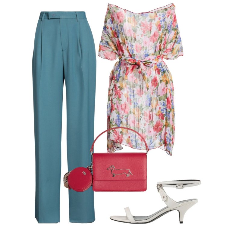 Outfit donna - Stampe che raccontano - Focus Donna Curv. Stile Chic per Cerimonia. Abbinamento con pantaloni, top, sandali in pelle, borse a tracolla.