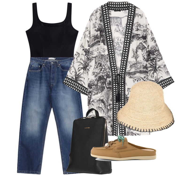 Outfit donna - Stampe che raccontano - Focus Donna Curv. Stile Chic per Cerimonia. Abbinamento con zaini, cappelli con visiera, jeans dritti, top, caftani, sabot.