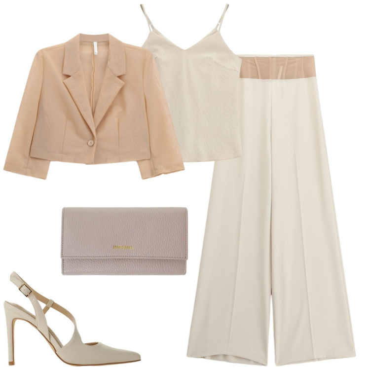 Outfit donna - Imperial. Stile Trendy per Tutti i giorni. Abbinamento con pantaloni a palazzo, portafogli, décolleté, canottiere, blazer.