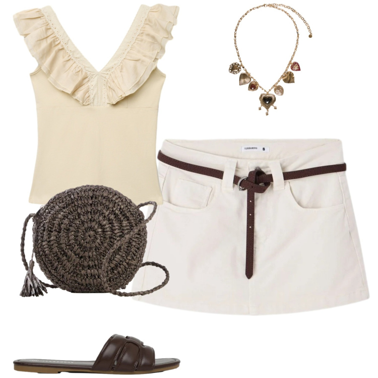 Outfit donna - Maggio bollente. Stile Casual per Tutti i giorni. Abbinamento con borse a tracolla, canottiere, minigonne, ciabatte, collane.