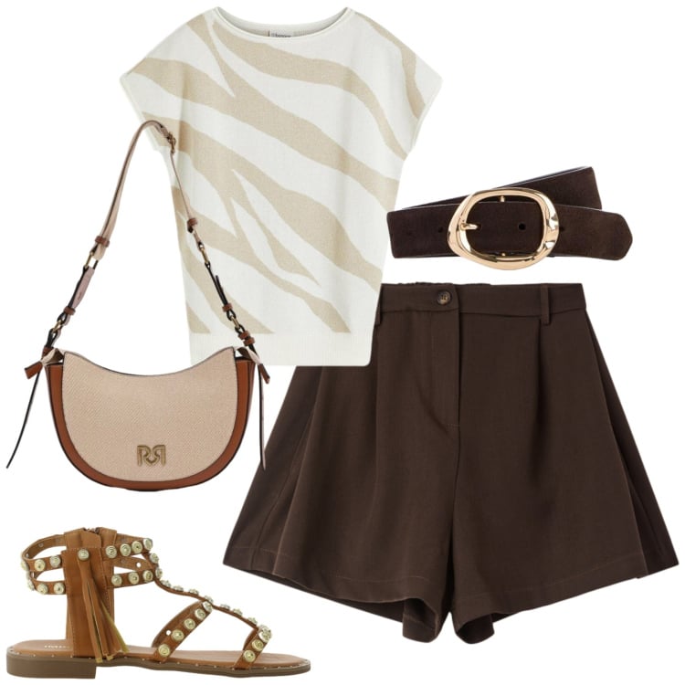 Outfit donna - Maggio. Stile Casual per Tutti i giorni. Abbinamento con cinture, t-shirt, shorts, sandali, borse a tracolla.