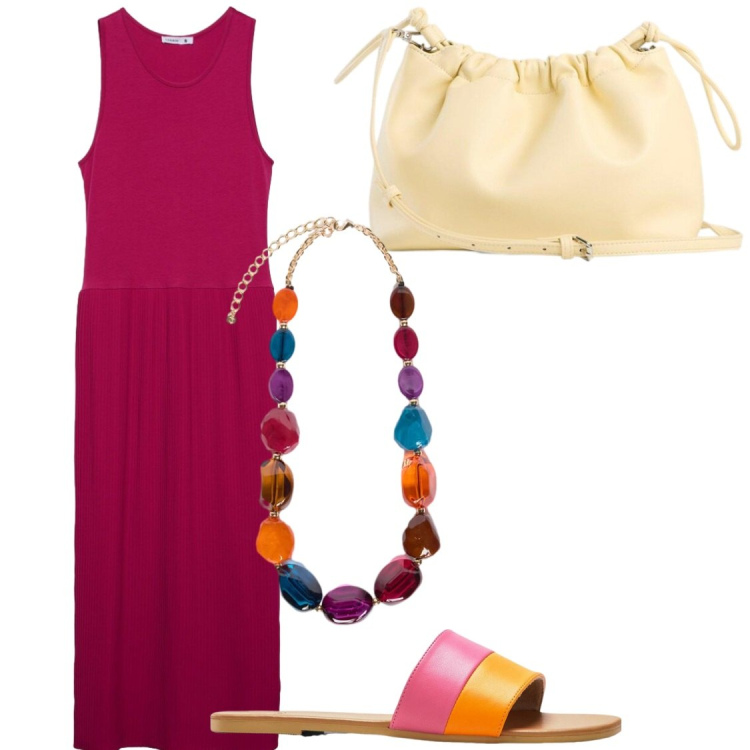 Outfit donna - Estate e colori#Giorno&Sera. Stile Chic per Serata fuori. Abbinamento con borse a tracolla, ciabatte, vestiti lunghi, collane.