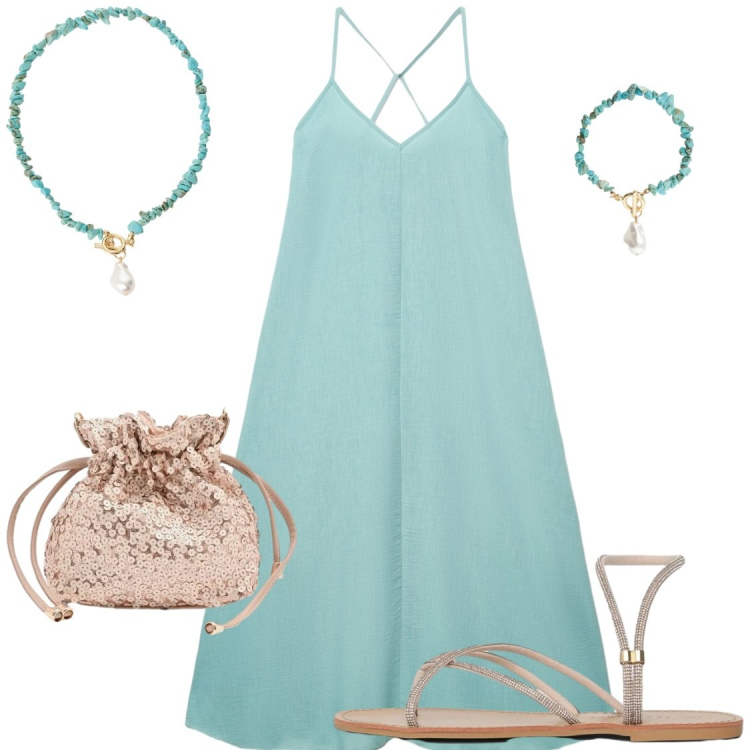 Outfit donna - Verde acqua. Stile Chic per Serata fuori. Abbinamento con vestiti lunghi, sandali, pochette, collane, braccialetti.