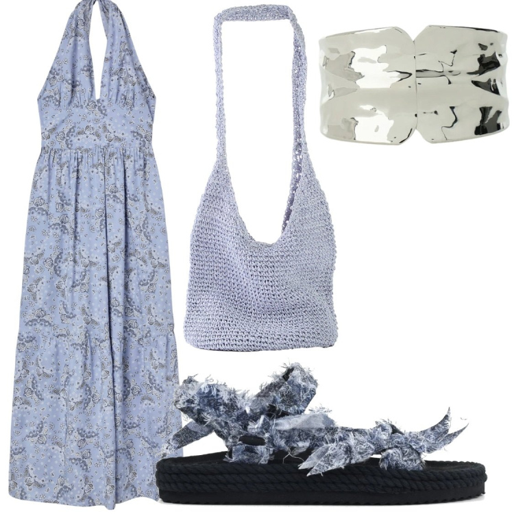 Outfit donna - Estate, Terranova, libertà. Stile Chic per Tutti i giorni. Abbinamento con shopping bag, vestiti lunghi, braccialetti, sandali.