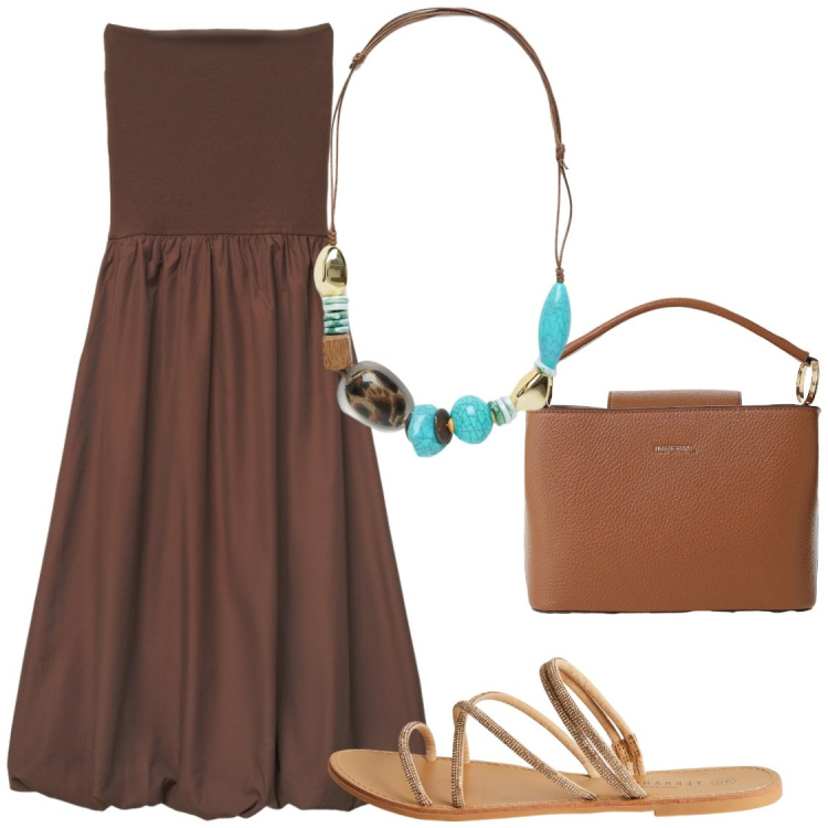 Outfit donna - Estate. Stile Chic per Serata fuori. Abbinamento con vestiti midi/longuette, sandali, borse a secchiello, collane.