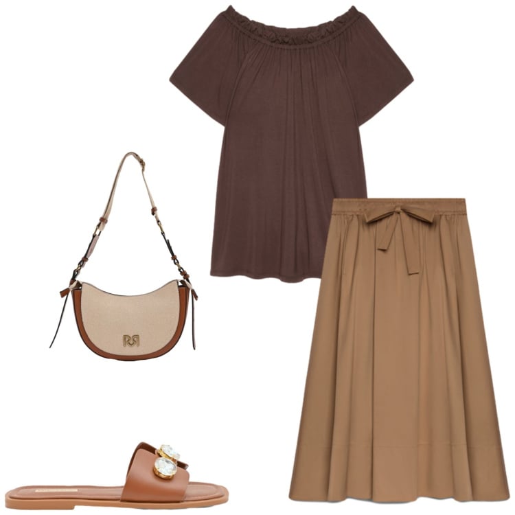 Outfit donna - In ufficio. Stile Casual chic per Ufficio. Abbinamento con borse a tracolla, sandali gioiello, t-shirt, gonne lunghe.