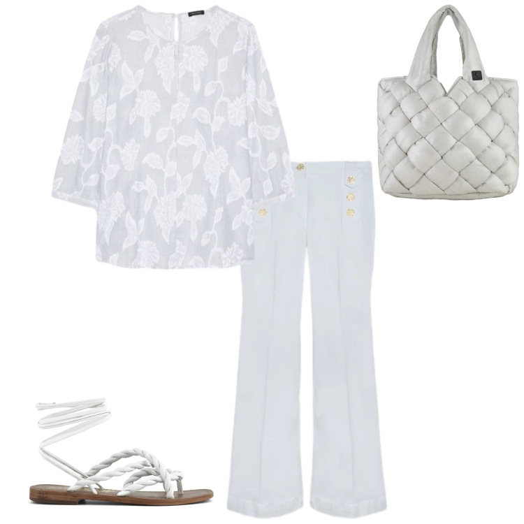 Outfit donna - Maggio infuocato. Stile Casual chic per Tutti i giorni. Abbinamento con borse tote, jeans, bluse, sandali in pelle.