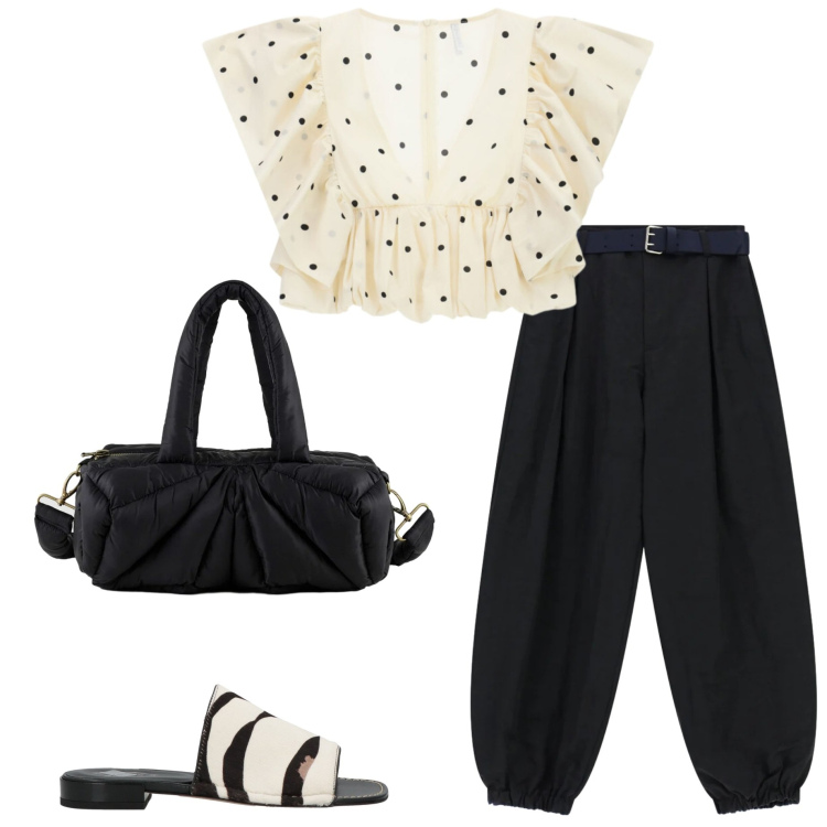 Outfit donna - Blusa a pois. Stile Casual chic per Serata fuori. Abbinamento con sandali in pelle, top, pantaloni, borse a mano.