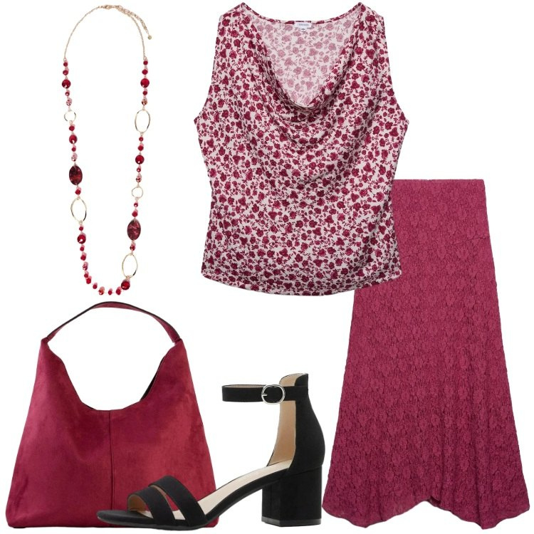 Outfit donna - Stampe che raccontano - Donna Curvy. Stile Romantica per Serata fuori. Abbinamento con sandali col tacco, borse a spalla, gonne lunghe, top, collane.