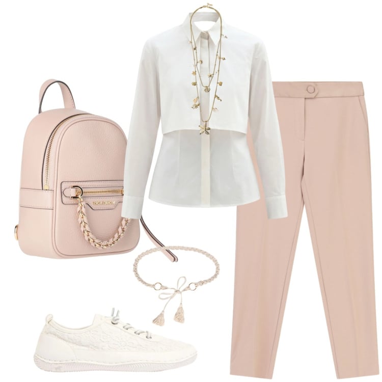 Outfit donna - Primo giorno di esami. Stile Glamour per Scuola/Università. Abbinamento con zaini, sneakers, pantaloni, collane, camicie, cinture.
