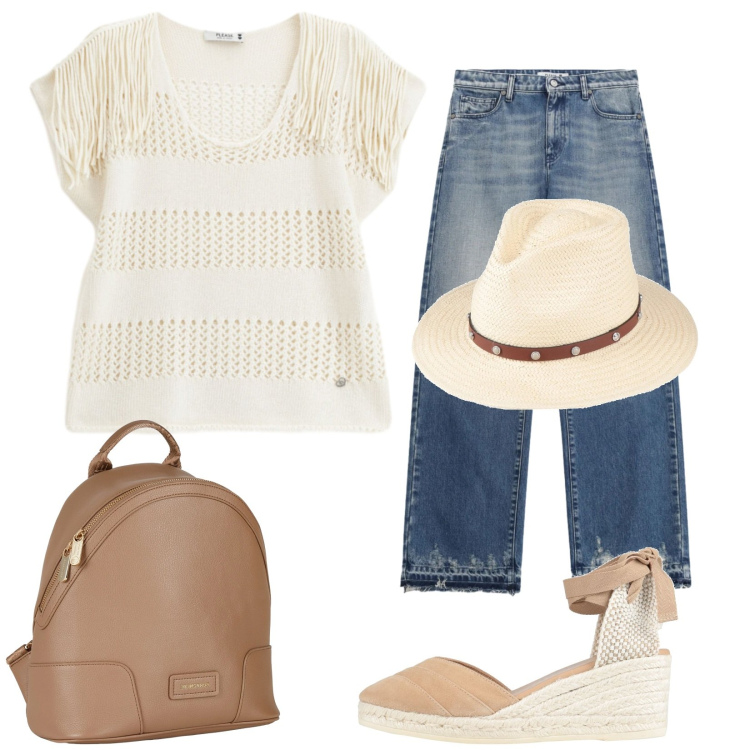 Outfit donna - Turista. Stile Casual per Tutti i giorni. Abbinamento con zaini, cappelli, espadrillas, jeans, top.
