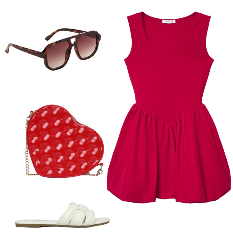 Outfit donna - Un amore di vestito. Stile Preppy per Serata fuori. Abbinamento con occhiali da sole, vestiti corti, borse a tracolla, ciabatte.