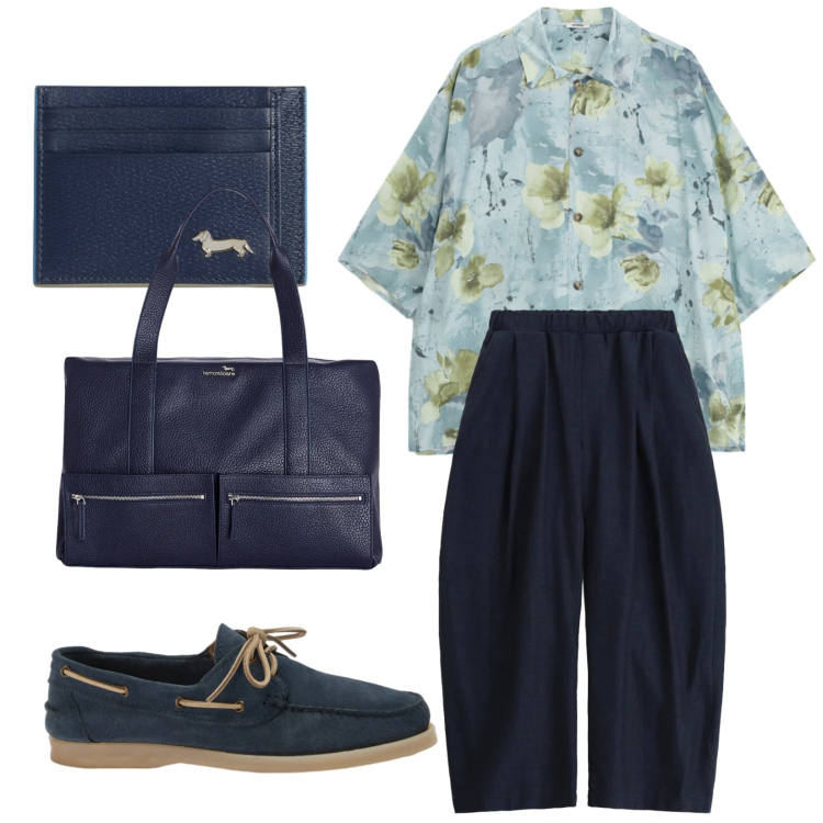 Outfit uomo - Direzione estate. Stile Trendy per Tutti i giorni. Abbinamento con pantaloni, camicie a manica corta, portafogli, borse sportive, scarpe stringate.