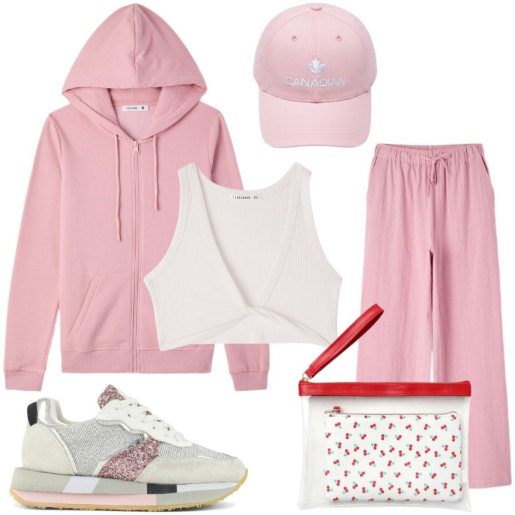 Outfit donna - Total look #2408535. Stile Casual per Sport. Abbinamento con top, felpe con cappuccio, pochette, pantaloni, berretti, sneakers.